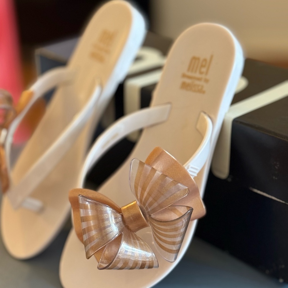 Mini Melissa Gold and White Sandals with Chic Bow